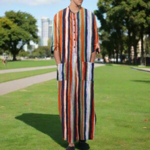 Boho Striped Muslim Arabic Kaftan Robe : Men's Modest Fashion Thobe | Ethnic Kurta Robe for Modern Minimalist loveyourmom Love Your Mom Orange 2XL